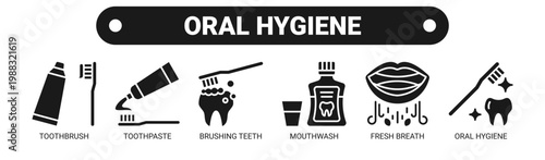 Oral Hygiene web banner icon vector illustration concept with icons of toothbrush, toothpaste, brushing teeth, mouthwash, fresh breath, and oral hygiene. 