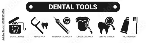 Dental Tools web banner icon vector illustration concept with icons of dental floss, floss pick, interdental brush, tongue cleaner, dental mirror, and toothbrush. 