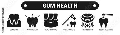Gum Health web banner icon vector illustration concept with icons of gum care, gum health, healthy gums, oral hygiene, fresh breath, and teeth cleaning. 
