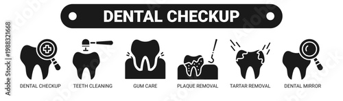 Dental Checkup web banner icon vector illustration concept with icons of dental checkup, teeth cleaning, gum care, plaque removal, tartar removal, and dental mirror. 