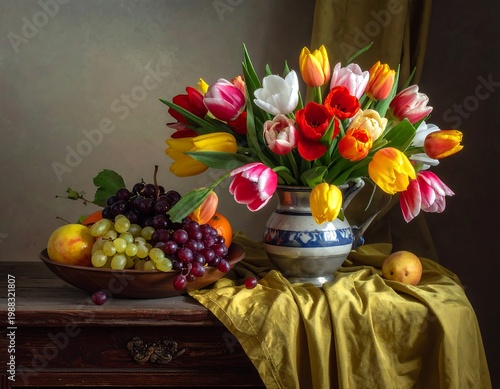A still-life of vibrant tulips in a vase beside a wooden bowl of grapes, peach, and leaves resting on an aged table. A yellow drape covers the surface