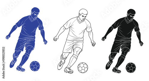 Soccer player silhouette vector illustration in different colors kicking ball