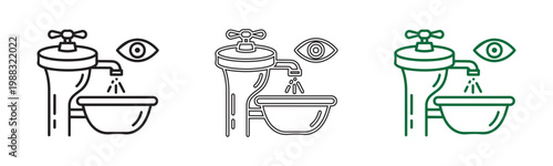 Vector set of water tap and faucet icons with basin in black grey and green