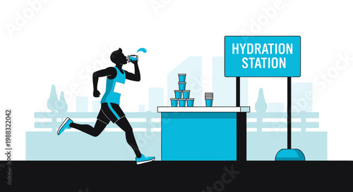 Runner Hydrating During Race at Hydration Station, Sports Event Illustration Design