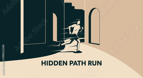 Runner Exploring Secret Passage In Retro Architectural Urban Silhouette Illustration
