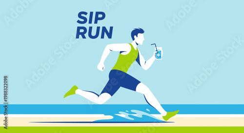 Runner Hydrating While Exercise, Illustration of Workout, Drink While Running, Sip and Run Style