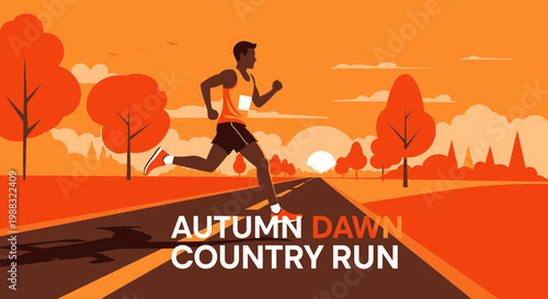Runner in Autumnal Landscape During Sunrise in Vector Illustration Style