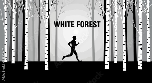 Runner in Black and White Forest, Concept of Nature and Marathon, Silhouette