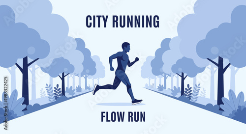 Runner In Blue City Park, Flow Exercise Of The Athletic Man Vector Illustration