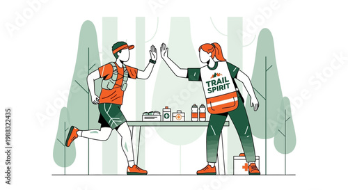 Runner High Fiving Trail Support: A Symbol Of Sportsmanship And Achievement