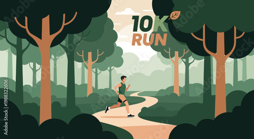 Runner in Forest Pathway: A Colorful Illustration for the 10K Run Advertisement