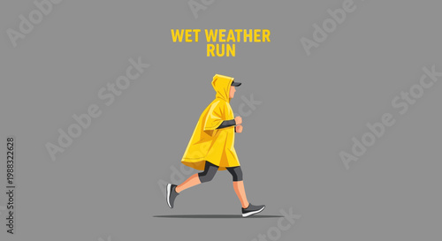 Runner in Wet Weather, Running in a Yellow Protective Rain Coat, Isolated in the Grey Background