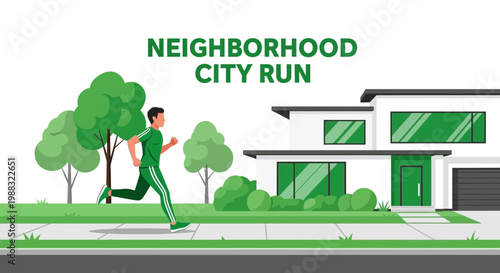 Runner in Green Athletic Wear is Running Near a Modern House for Fitness and Exercise