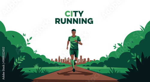 Runner In Green Fitness Clothes Runs Through A City Park On A Sunny Morning