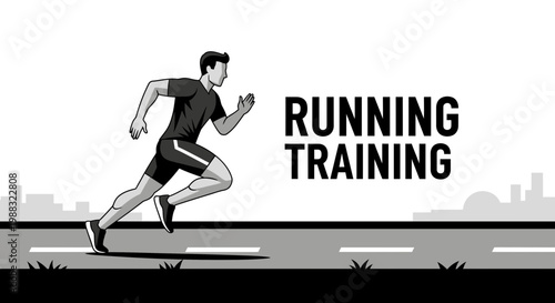 Runner in Motion Demonstrating Running Training on a Paved Road with a City Silhouette