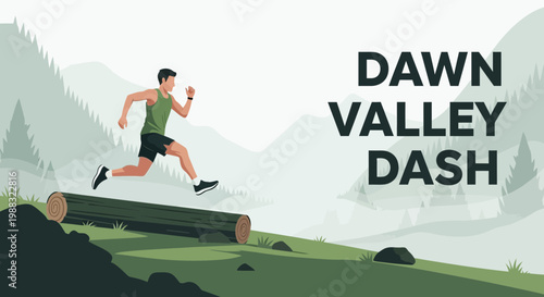 Runner Leaping Log In a Valley, Active Lifestyle And Morning Race Concept