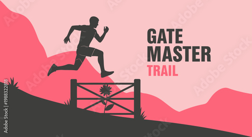 Runner Leaping Hurdle On Trail Path with Mountainous Backdrop Silhouette