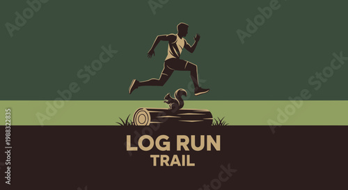 Runner Leaping Over Log With Squirrel In Silhouetted Trail Run Illustration