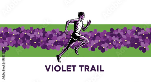 Runner on Violet Trail with Purple Flowers Emblem Design for Fitness Motivation