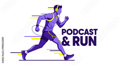 Runner Listening To Podcast While Jogging Depicted With Modern Vector Art Elements