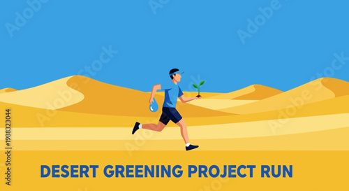 Runner Planting Seedlings In Arid Desert, Environmental Preservation Project Concept