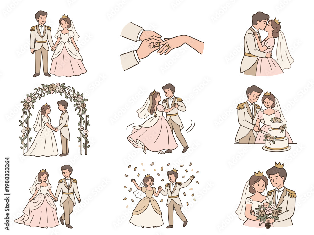 Fototapeta premium Prince and princess wedding collection: 9 hand-drawn doodle illustrations for fairytale romantic celebrations.