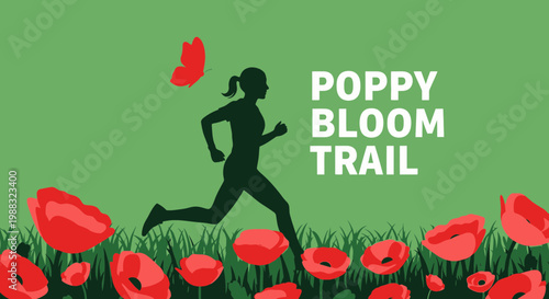 Runner on Poppy Bloom Trail with a Butterfly in a Bright Green Environment Illustration