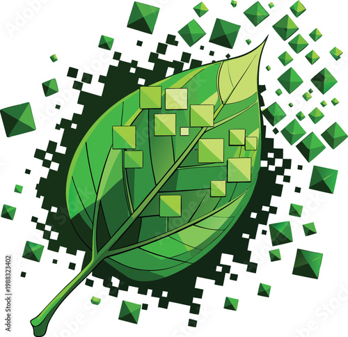 Green leaf with digital blocks, eco-friendly technology Climate Change Awareness Concept, Perfect for Adobe Stock Eco-Friendly Branding and Environmental Awareness Campaigns