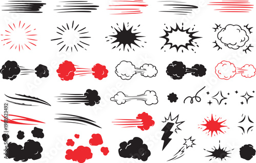 We Comic cartoon line explosive effect, speed burst motion element set. Comic boom burst, explosive smoke, line speed cartoon element icon. Hand drawn sketch action boom effect. Vector illustration