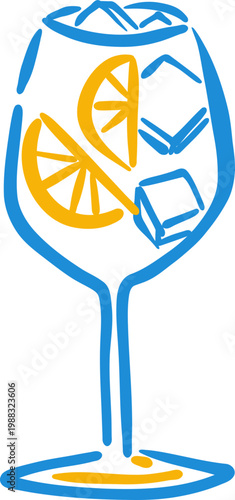 Hand Drawn Wine Glass With Citrus Slice, Cocktail Doodle Line Icon