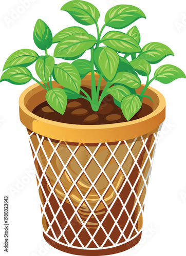 potted peppermint plant in woven basket planter on white background for Urban Gardening, Perfect for Adobe Stock Eco-Friendly Branding and Environmental Awareness Campaigns
