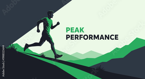 Runner Reaching Peak Fitness and Performance On A Green Mountain Background