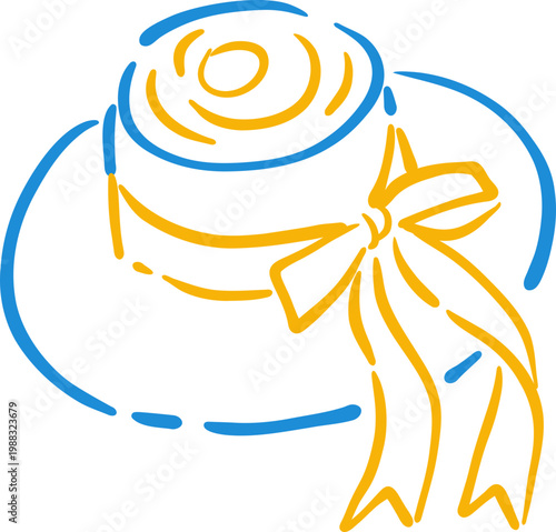 Hand Drawn Ribbon Cake Slice On Plate, Cute Bakery Dessert Doodle Line Icon