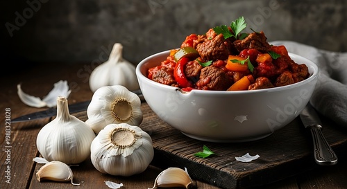 A hearty bowl of chili with meat and vegetables sits on a wooden board surrounded by garlic cloves and bulbs on a rustic table.