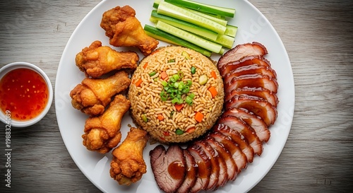A plate of food with fried rice, chicken legs, sliced meat, and green onions on a table.