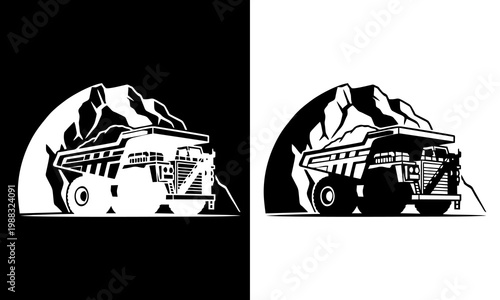 Large mining truck against backdrop of mountains in a split black and white illustration