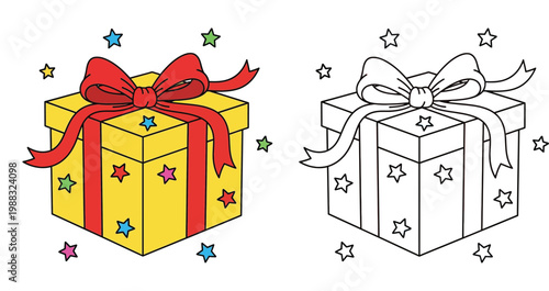 Yellow Gift Box with Red Ribbon and Colorful Stars Illustration Set, Including Coloring Book Page Line Art for Kids Birthday Party, Christmas Celebration and Surprise Greeting Design