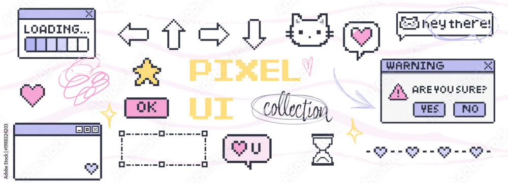 Naklejka premium Pixel ui collage with chat windows icons hearts and handwritten doodles in retro style