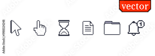 Pixel cursor hand hourglass file folder and notification icons in retro 8 bit style
