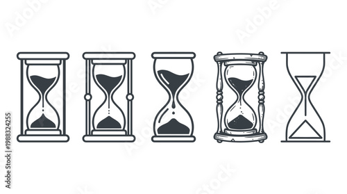 Five different hourglasses and sand timers in various styles, representing the passage of time, deadlines, and measurement concepts in a classic illustration.