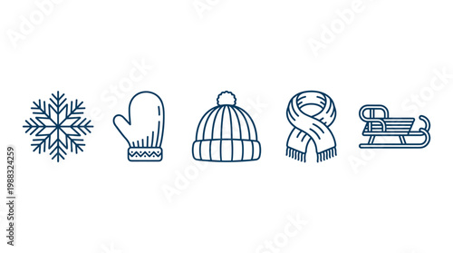 Winter snowflake mitten hat scarf sled icons, a charming set of line art illustrations depicting essential cold weather apparel and activities.