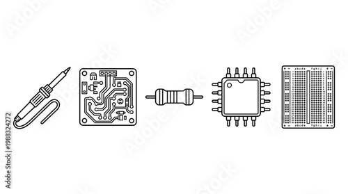 Electronics components and tools are essential for building and prototyping circuits, including soldering irons, PCBs, resistors, ICs, and breadboards.