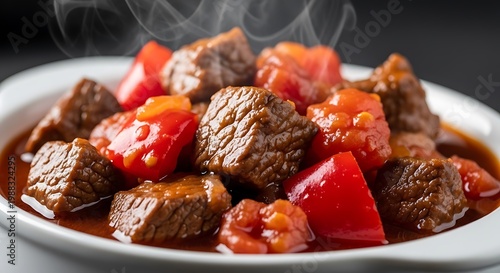 A plate of beef and red peppers in a savory sauce on a table indoors.