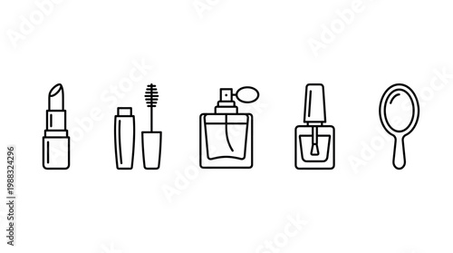 Beauty products and makeup accessories line art icons set, including lipstick, mascara, perfume, nail polish, and a hand mirror, representing personal care essentials.
