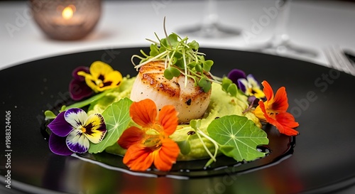 Delicious seafood dish garnished with edible flowers on a black plate indoors