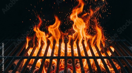 Intense fire flames on metal grill creating dramatic cooking atmosphere.