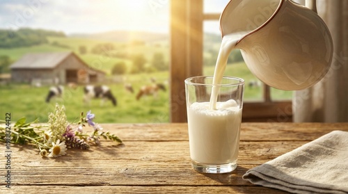 Milk being poured into glass with countryside farm background.