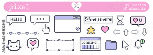 Pixel ui elements collection with chat windows cursor icons hearts and retro interface design