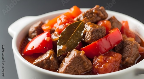 A hearty bowl of slow-cooked beef stew with vegetables and herbs on a table.