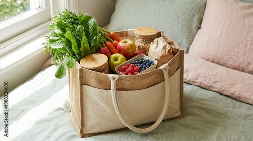 Reusable shopping bag filled with fresh vegetables and fruits on home interior background.